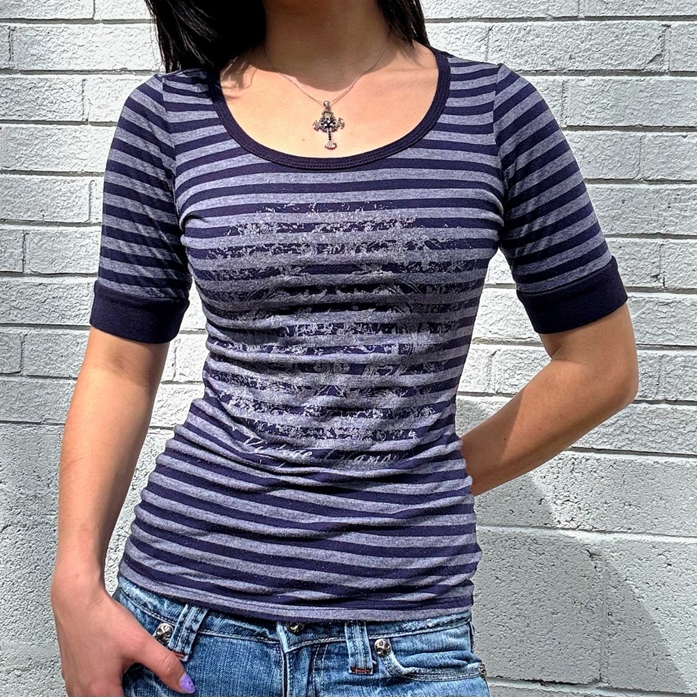 INC International Concepts Y2K Striped Graphic Baby Tee Petite S